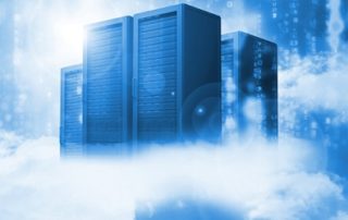 Data servers resting on clouds in blue